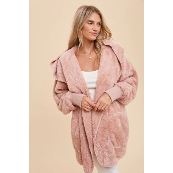 Sweaters - SOLD OUT Mauve Soft Faux Fur Fleece Plush One Size Hooded Cardigan Jacket
